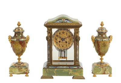 Lot 1331 - A LATE 19TH CENTURY CHAMPLEVE ENAMEL AND GREEN ONYX THREE-PIECE CLOCK SET