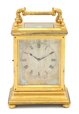 Lot 1364 - A 19TH CENTURY GILT BRASS ENGLISH TIMEPIECE CARRIAGE CLOCK