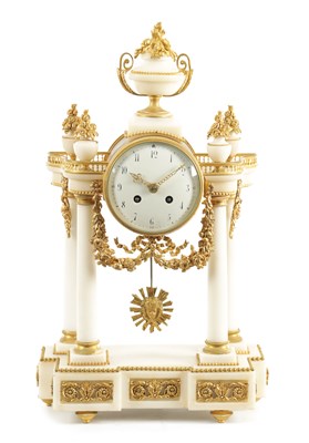 Lot 1267 - A 19TH CENTURY WHITE MARBLE PORTICO FRENCH MANTEL CLOCK