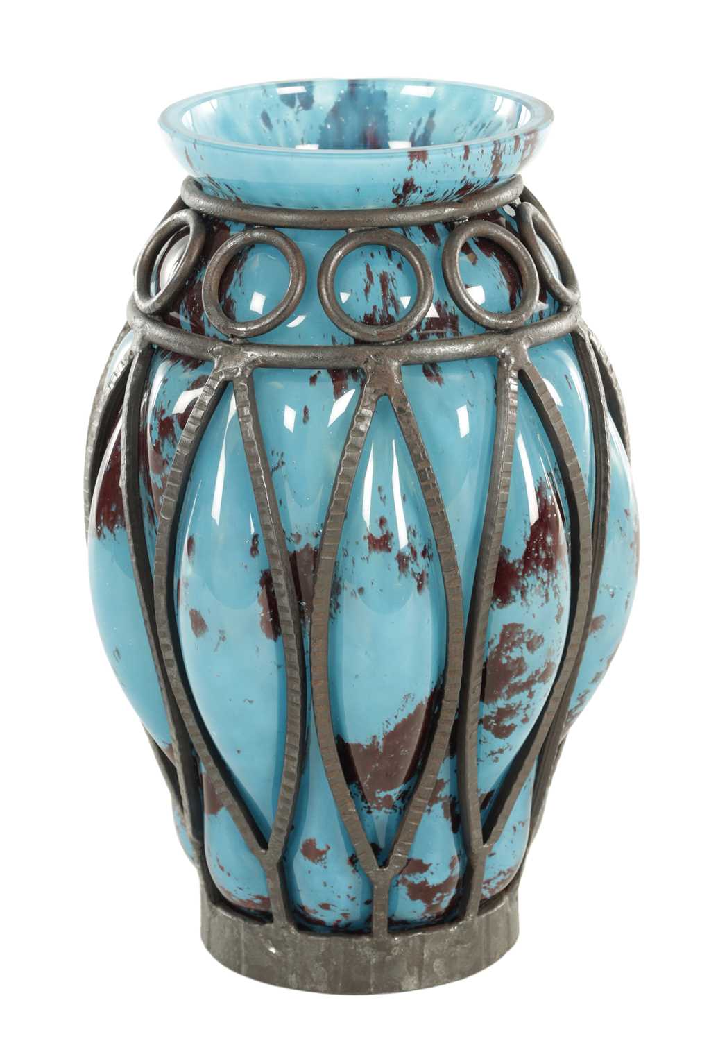 Lot 10 - DAUM AND LOUIS MAJORELLE. A FRENCH ART DECO GLASS AND WROUGHT IRON VASE