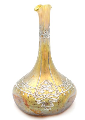 Lot 13 - JOHANN LOETZ (1778 - 1844) AN EARLY 20TH CENTURY SILVER OVERLAY GLASS VASE IN PAPILLON DECOR