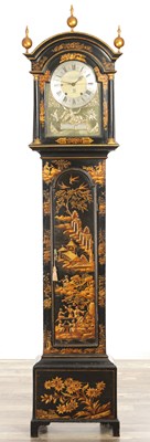 Lot 1375 - JOHN COTTRILL, LONDON. A GEORGE II LACQUERED CHINOISERIE LONGCASE CLOCK