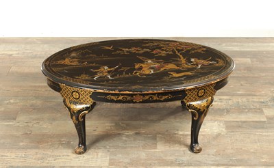 Lot 1585 - A LATE 19TH CENTURY CHINOISERIE DECORATED OVAL COFFEE TABLE