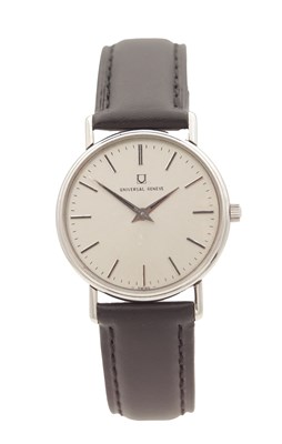 Lot 1204 - A MID 20TH CENTURY STAINLESS STEEL UNIVERSAL GENEVE WRISTWATCH