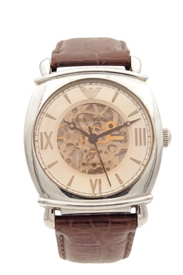 Lot 1230 - A MODERN STAINLESS STEEL EMPORIO ARMANI AUTOMATIC SKELETONISED WRISTWATCH