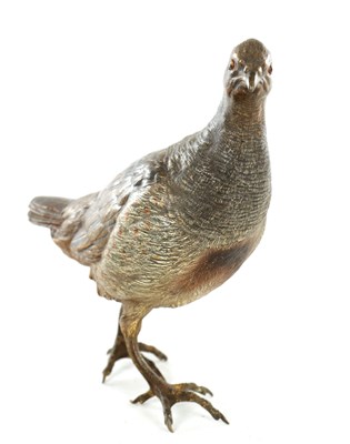 Lot 884 - FRANZ BERGMAN. A LATE 19TH CENTURY LIFE-SIZE COLD PAINTED BRONZE SCULPTURE OF A PARTRIDGE
