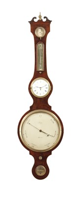 Lot 1391 - PIOLLI, HULL. AN EARLY 19TH CENTURY FIGURED MAHOGANY BAROMETER WITH CLOCK