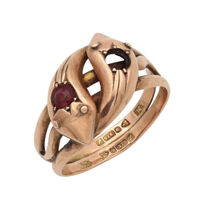 Lot 404 - A 9CT ROSE GOLD AND RUBY SERPENT RING