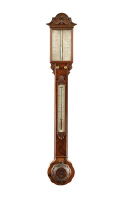 Lot 1387 - J.H. STEWARD, 54 CORNHILL, LONDON. A LATE 19TH CENTURY BURR WALNUT STICK BAROMETER