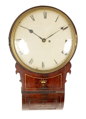 Lot 1367 - A REGENCY BRASS INLAID FIGURED MAHOGANY DROP-DIAL WALL CLOCK