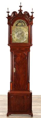 Lot 1448 - ROBERT LAWSON, ROBERT LAWSON, LEIGH. A RARE GEORGE III FIGURED MAHOGANY SPHERICAL MOON LONGCASE CLOCK