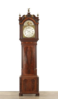 Lot 1419 - JOHN BARLOW, OLDHAM. A GEORGE III FIGURED MAHOGANY EIGHT DAY LONGCASE CLOCK