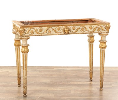 Lot 1488 - AN 18TH CENTURY PARCEL GILT AND PAINTED CONSOLE TABLE