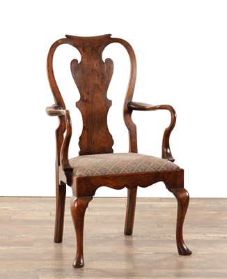 Lot 1558 - AN 18TH CENTURY STYLE FIGURED WALNUT SHEPHERD'S CROOK OPEN ARMCHAIR