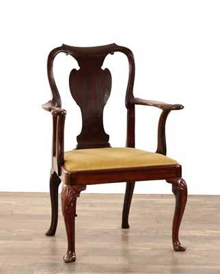 Lot 1383 - AN 18TH CENTURY WALNUT SHEPHERDS CROOK OPEN ARMCHAIR