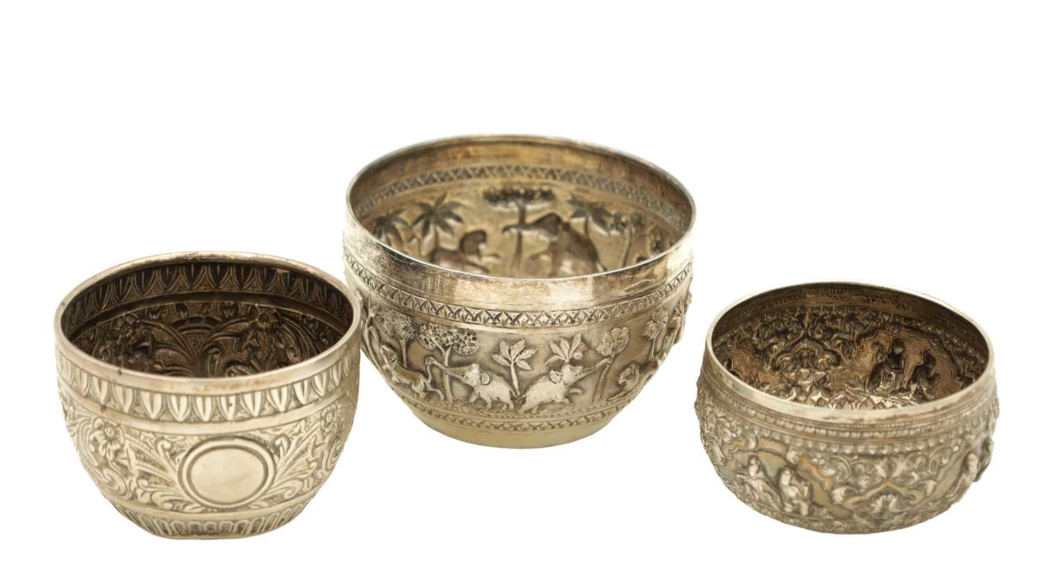 Lot 27 - TWO INDIAN SILVER BOWLS AND ONE ENGLISH SILVER BOWL