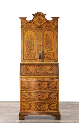 Lot 1433 - A 19TH CENTURY ITALIAN CREAM LACQUERED BUREAU BOOKCASE WITH POLYCHROME FLORAL DECORATION