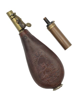 Lot 1732 - A LEATHER AND BRASS SHOT FLASK AND A COPPER POCKET GUNPOWDER FLASK