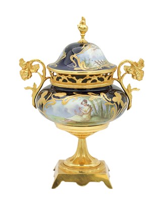 Lot 1666 - A 20TH CENTURY FRENCH SEVRES STYLE PORCELAIN AND ORMOLU MOUNTED POT POURRI VASE AND COVER