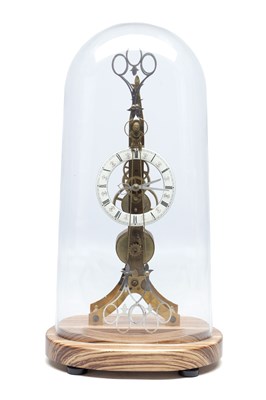 Lot 1227 - A MODERN BRASS SCISSOR SKELETON CLOCK UNDER GLASS DOME