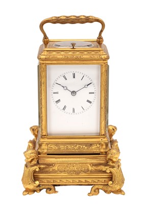 Lot 1311 - A LATE 19TH CENTURY GORGE CASED ENGRAVED FRENCH REPEATING CARRIAGE CLOCK ON STAND