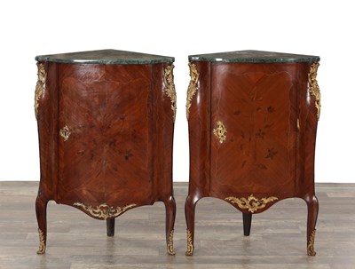 Lot 1556 - A PAIR OF 18TH CENTURY GERMAN MARQUETRY AND ORMOLU MOUNTED CORNER CABINETS