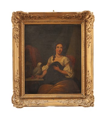 Lot 750 - ATT. FREDERICK GOODALL. A 19TH CENTURY OIL ON CANVAS FULL LENGTH PORTRAIT OF A SEATED YOUNG LADY WITH A PARROT