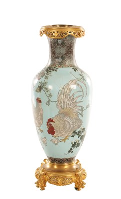 Lot 542 - A LARGE MEIJI PERIOD JAPANESE CLOISONNE ENAMEL VASE WITH ORMOLU MOUNTS ON STAND