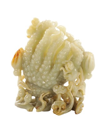 Lot 395 - A LARGE CHINESE RUSSET JADE 'MONKEY AND FINGER' CITRON CARVED GROUP