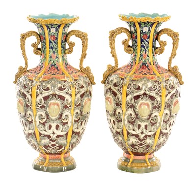 Lot 47 - A PAIR OF LATE 19TH CENTURY COPELAND RENAISSANCE REVIVAL MAJOLICA VASES