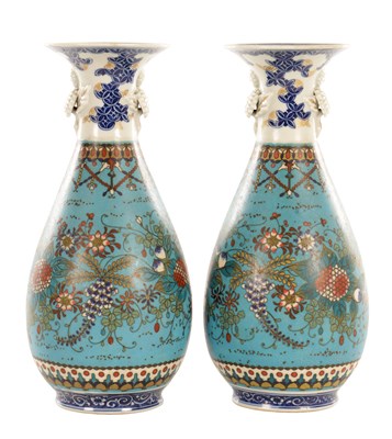 Lot 486 - A PAIR OF JAPANESE MEIJI PERIOD CLOISONNE ENAMEL AND PORCELAIN OVOID VASES