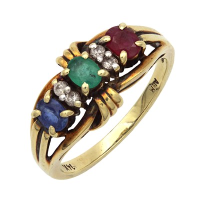 Lot 285 - A 14CT YELLOW GOLD RUBY EMERALD SAPPHIRE AND DIAMOND RING