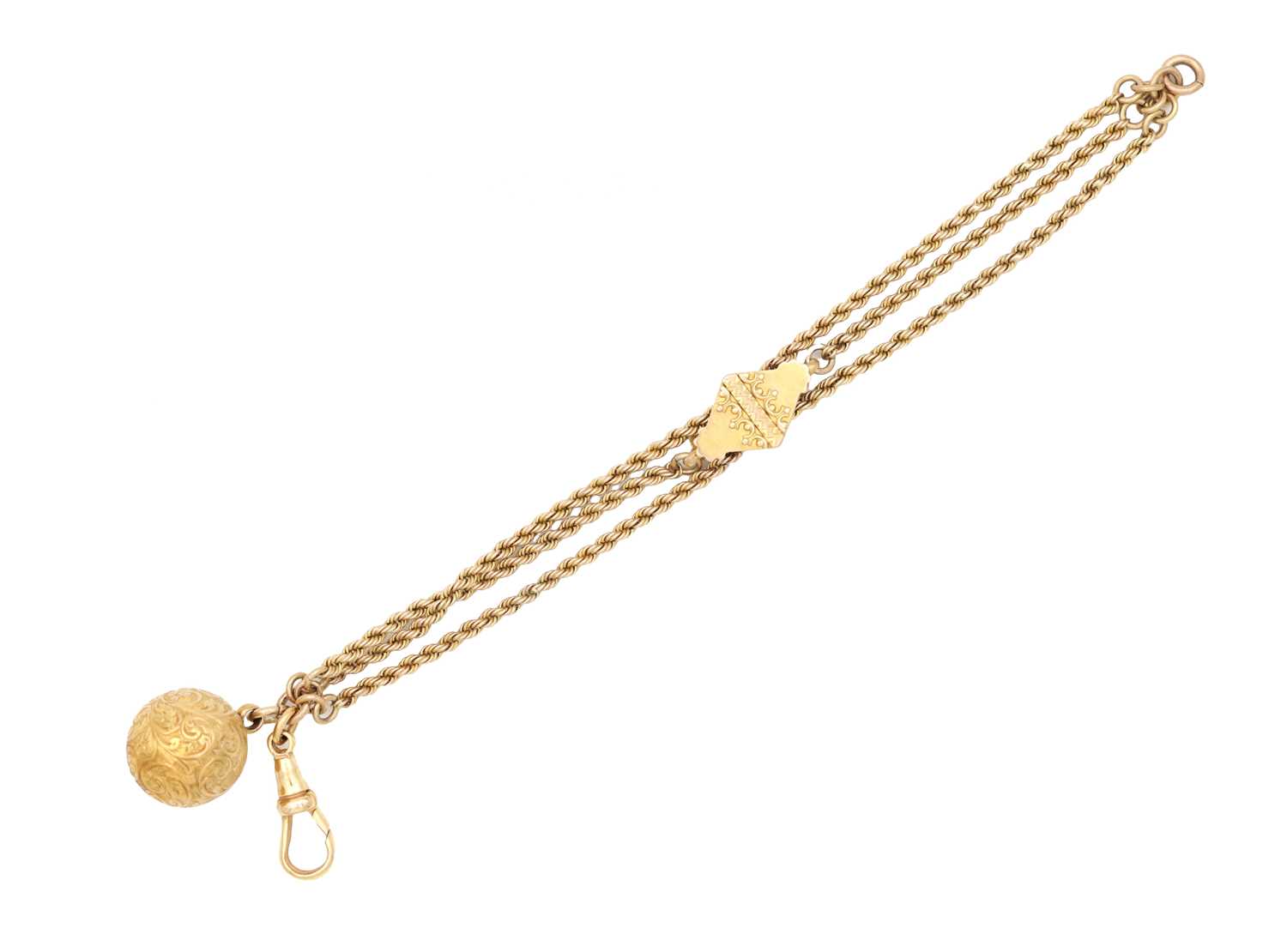 Lot 350 - A 9CT YELLOW GOLD ALBERTINA WATCH CHAIN WITH EMBOSSED SLIDER AND FOLIATE ENGRAVED BALL