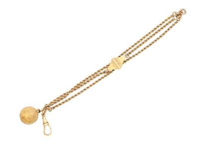 Lot 350 - A 9CT YELLOW GOLD ALBERTINA WATCH CHAIN WITH EMBOSSED SLIDER AND FOLIATE ENGRAVED BALL