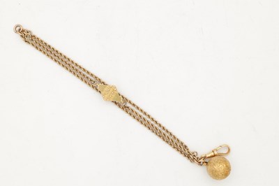 Lot 350 - A 9CT YELLOW GOLD ALBERTINA WATCH CHAIN WITH EMBOSSED SLIDER AND FOLIATE ENGRAVED BALL