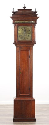 Lot 1271 - JOSEPH COOPER, MALPAS. A SMALL GEORGE II ELM AND WALNUT 30-HOUR LONGCASE CLOCK WITH CADDY TOP