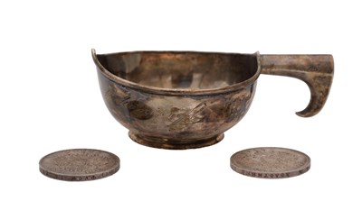 Lot 163 - A 20TH CENTURY RUSSIAN SILVER HANDLED DISH AND TWO RUSSIAN SILVER ROUBLES