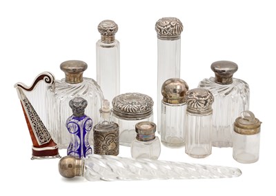 Lot 142 - A COLLECTION OF 19TH CENTURY SILVER MOUNTED GLASS SCENT BOTTLES AND A SILVER MOUNTED WOOD NOVELTY HARP