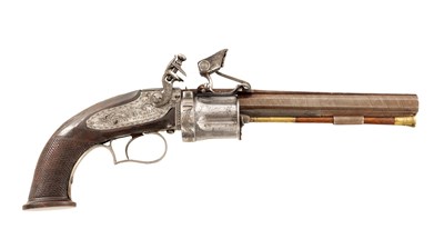 Lot 618 - A RARE E. H. COLLIER PATENT FIVE-SHOT FLINTLOCK REVOLVER, NO. 24