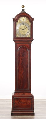 Lot 1170 - FRANCIS BARRAUD, LONDON. A GEORGE III FIGURED MAHOGANY LONGCASE CLOCK WITH ARCHED BRASS DIAL