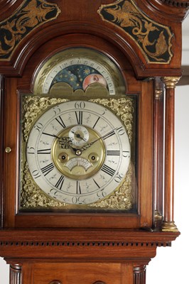 Lot 1239 - THOMAS LISTER, LUDDENDEN. A GEORGE III FIGURED MAHOGANY LONGCASE CLOCK WITH MOONPHASE