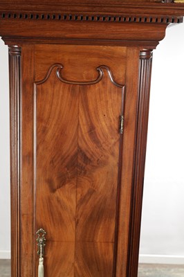 Lot 1239 - THOMAS LISTER, LUDDENDEN. A GEORGE III FIGURED MAHOGANY LONGCASE CLOCK WITH MOONPHASE