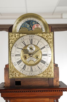 Lot 1239 - THOMAS LISTER, LUDDENDEN. A GEORGE III FIGURED MAHOGANY LONGCASE CLOCK WITH MOONPHASE