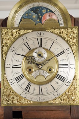 Lot 1239 - THOMAS LISTER, LUDDENDEN. A GEORGE III FIGURED MAHOGANY LONGCASE CLOCK WITH MOONPHASE
