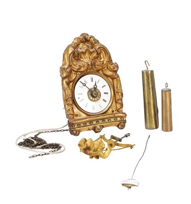 Lot 1366 - A MINIATURE GERMAN BLACK FOREST EMBOSSED BRASS FRONT WEIGHT DRIVEN WALL ALARM CLOCK
