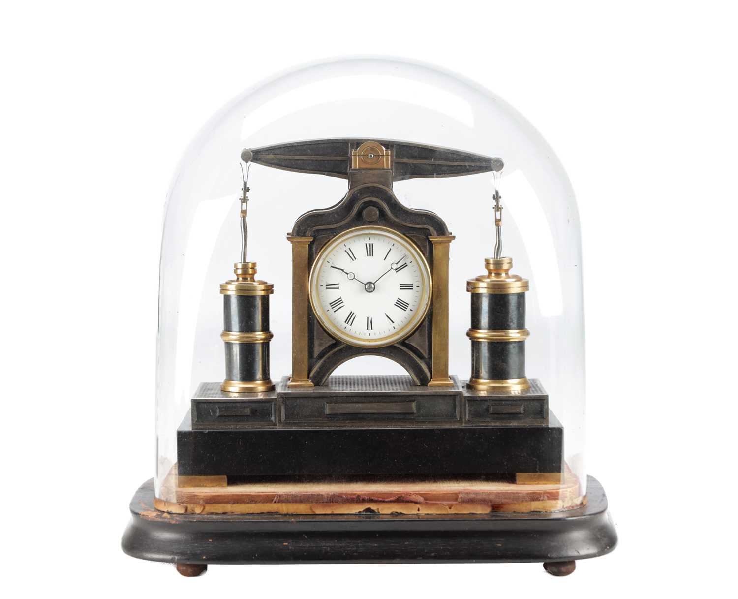 Lot 1350 - GUILMET, PARIS. A LATE 19TH CENTURY FRENCH BLACK AND GILT BRASS INDUSTRIAL BEAM ENGINE AUTOMATON MANTEL CLOCK UNDER GLASS DOME