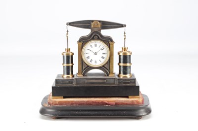 Lot 1350 - GUILMET, PARIS. A LATE 19TH CENTURY FRENCH BLACK AND GILT BRASS INDUSTRIAL BEAM ENGINE AUTOMATON MANTEL CLOCK UNDER GLASS DOME