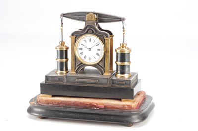 Lot 1350 - GUILMET, PARIS. A LATE 19TH CENTURY FRENCH BLACK AND GILT BRASS INDUSTRIAL BEAM ENGINE AUTOMATON MANTEL CLOCK UNDER GLASS DOME