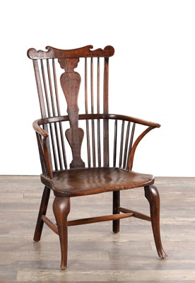 Lot 1610 - A 19TH CENTURY THAMES VALLEY ASH AND ELM WINDSOR ARMCHAIR