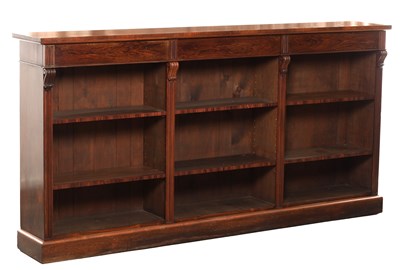 Lot 1512 - A WILLIAM IV FIGURED ROSEWOOD OPEN BOOKCASE IN THE MANNER OF GILLOWS